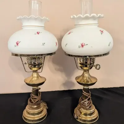 Charming Pair Brass Hurricane Lamps, Hand Painted Rose Ruffled Glass Shades