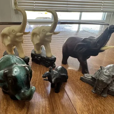 Collectible Elephant Figurine Lot: Blue Mountain Pottery, Carved Wood, Resin