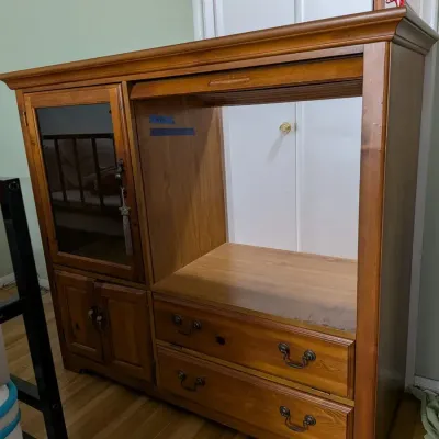Large Wood TV Entertainment Center Armoire, Tambour Door, Glass Door, Drawers