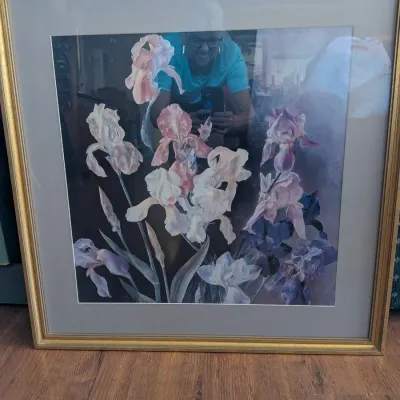 Elegant Framed Floral Print Pair, Iris and Peony Art, Gold Frames, Matted, Glass