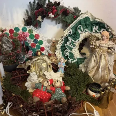 Handmade Christmas Angel Lot Yo-Yo Fabric Wreath Tree Topper Brass Candle Holder