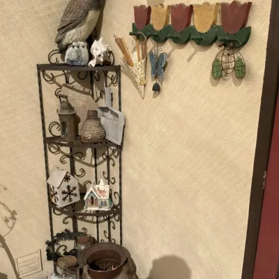 Charming Rustic Decor Lot Owl Statue Lanterns Coffee Grinder Milk Can Pottery