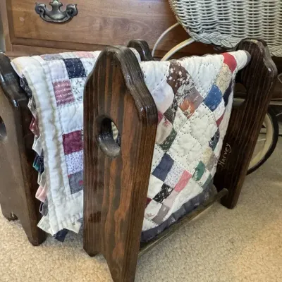 Rustic Wicker Doll Carriage Lot with Doll, Quilt Rack, Twig and Iron Chairs