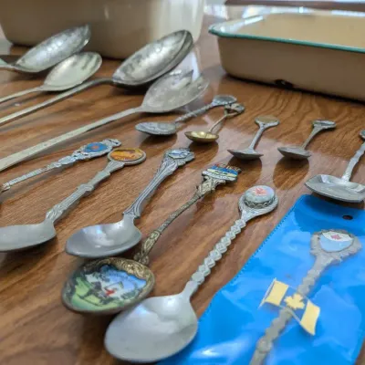 Assorted Silverplate Flatware Souvenir Spoons Lot Wm Rogers Oneida Enamel Pans