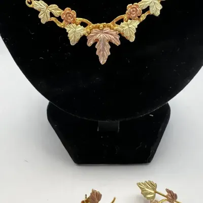 Landstrom's 10K Black Hills Gold Leaf and Rose Necklace with Matching Earrings