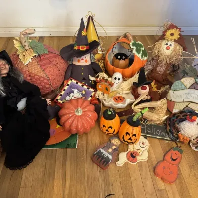 Colorful Halloween Fall Decor Lot Witch Doll Ceramic Pumpkin Ghost Scarecrow