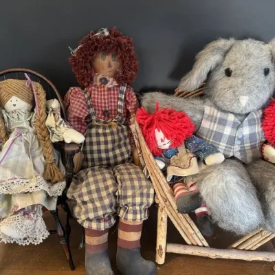 Handmade Cloth Doll Lot Raggedy Ann Style Folk Art Plush Bunny Miniature Chairs