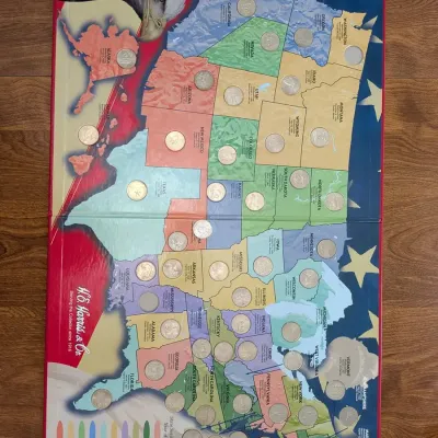 Colorful H.E. Harris Fifty State Quarters Collector's Map, Partial Quarter Set