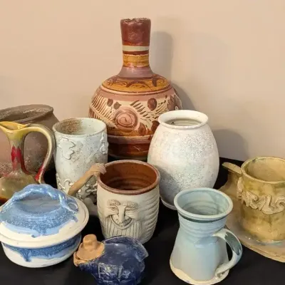 Colorful Handmade Studio Pottery Lot, Face Mug, Covered Dish, Vases, Pitcher