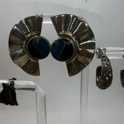 Colorful Sterling Silver Earring Lot Mexico 925 Blue Black Fan Inlay Hoops