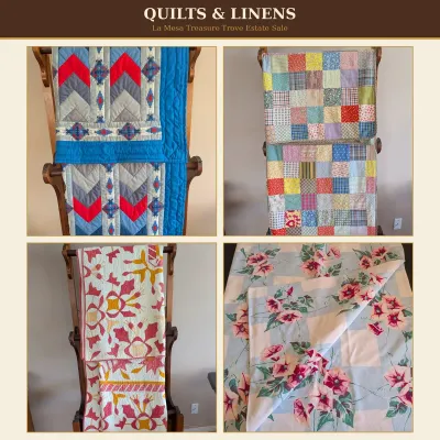 Colorful Applique Quilt Lot with Patchwork Quilts, Knit Throw and Tablecloth