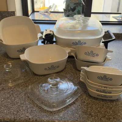 Classic Corning Ware Blue Cornflower Casseroles, Glass Lids, Electric Warmer