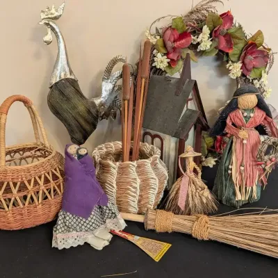Rustic Decor Lot Metal Rooster Church Birdhouse Wreath Baskets Dolls Broom