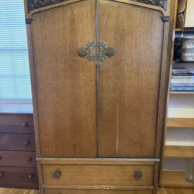 Carved Grape Vine Wood Armoire Wardrobe Cabinet Keyhole Plates Two Drawers