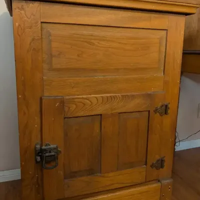 Antique Oak Ice Box Zinc Lined Cabinet with Cast Iron Latch and Hinges - BOTTLES NOT INCLUDED