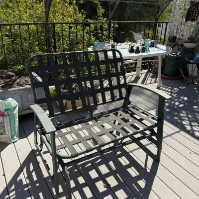 Classic Green Metal Patio Glider Loveseat with Woven Strap Seat and Back