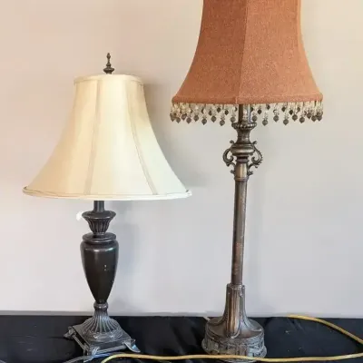 Elegant Pair of Table Lamps Bronze Tone Base Beaded Burlap Shade and Cream Shade