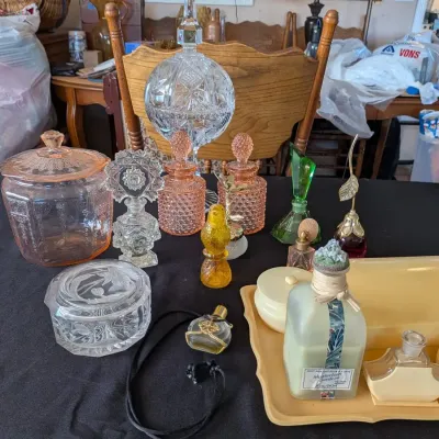 Elegant Perfume Bottle & Vanity Lot: Pink Depression Glass, Crystal, Avon, Deco