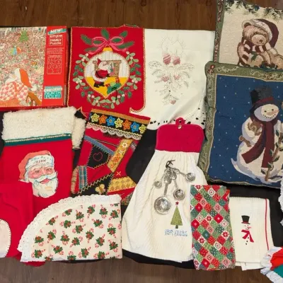 Colorful Christmas Decor Lot: Springbok Puzzle, Teddy Bears, Stockings, Linens