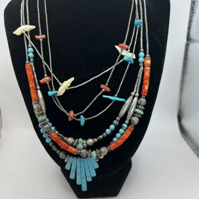 Colorful Sterling Silver Heishi Necklace Lot Turquoise Coral Shell Birds