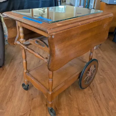 Classic Drop-Leaf Wood Rolling Tea Cart, Removable Serving Tray, Glass Top