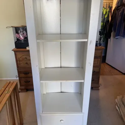 White Laminate Bookcase Shelf Unit with Drawer Tall Narrow Slim Storage Cabinet
