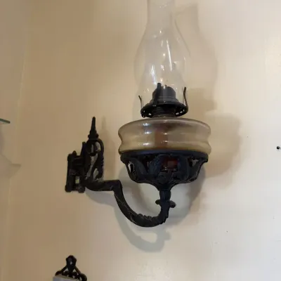 Antique Cast Iron Wall Bracket Oil Lamp with Glass Font Chimney and Match Holder