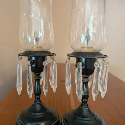 Antique Style Pair Electric Hurricane Lustre Lamps Etched Glass Chimneys Prisms