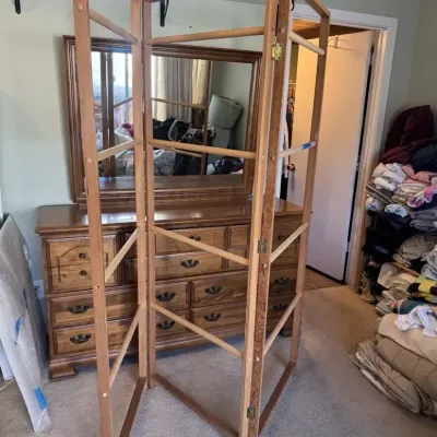 Folding Wood Clothes Drying Rack Three Panel Wooden Dowel Laundry Screen