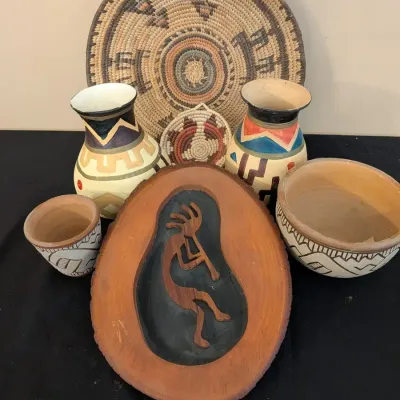 Handmade Southwest Style Decor Lot: Kokopelli Plaque, Pottery, Coiled Baskets
