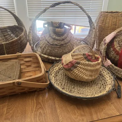 Handmade Art Basket Lot: Fair Ribbons, Grapevine Wool, Rattan Trays, Wood Basket