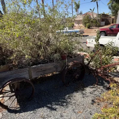 Rustic Wood Farm Wagon Planter with Iron Spoke Wheels and Horse-Drawn Cultivator