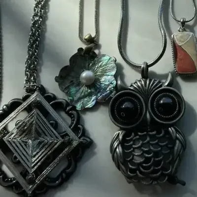 Retro Silver Tone Necklace Lot Owl Pendant Abalone Flower Herringbone Chains