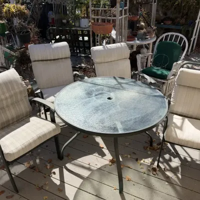 Sturdy Green Metal Patio Dining Set, Round Textured Glass Table, Cushion Chairs