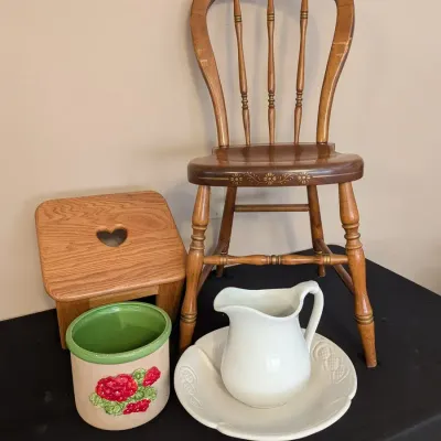 Sturdy Stenciled Side Chair, Oak Heart Step Stool, Ironstone Pitcher Bowl, Crock