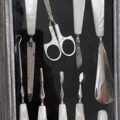 Antique Style Mother of Pearl Manicure Set in Framed Shadow Box Display