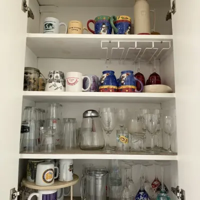 Colorful Mugs, Art Glass Wine Glasses, Beer Steins, Drinkware Cabinet Lot