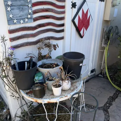 Rustic Wood American Flag Wall Art, Barn Quilt, White Bistro Table and Chair