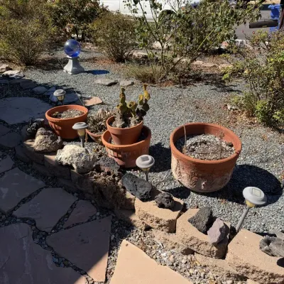 Assortment of Terracotta Garden Planters, Solar Path Lights and Lava Rocks