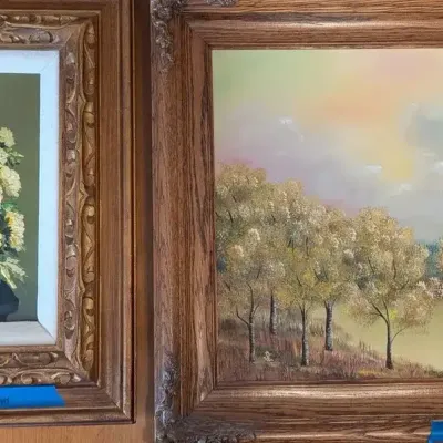 Classic Framed Oil Paintings Floral Still Life and Autumn Lake Landscape Art
