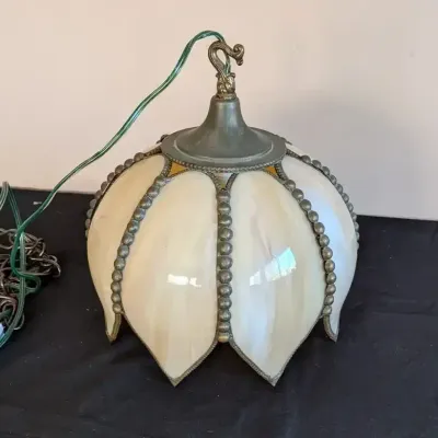 Elegant Tulip Petal Swag Lamp with Caramel Slag Glass Panels and Beaded Frame