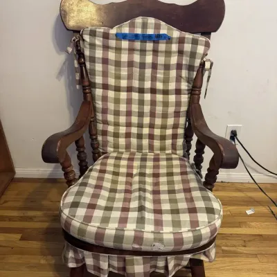 Charming Spindle Arm Wood Armchair Plaid Seat Back Cushion Skirt Country Cottage