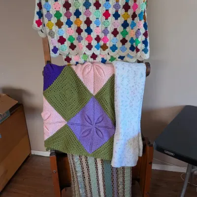 Handmade Crochet and Knit Afghan Lot with Multicolor Squares and Leaf Pattern