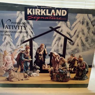 Elegant Kirkland Signature Porcelain Nativity Set Wood Creche Original Box