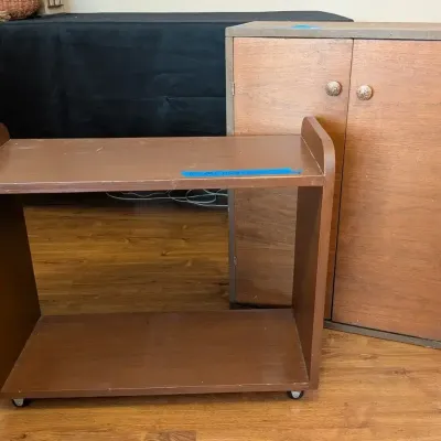 Retro Walnut Veneer Rolling Shelf Cart and Two Door Storage Cabinet Pair