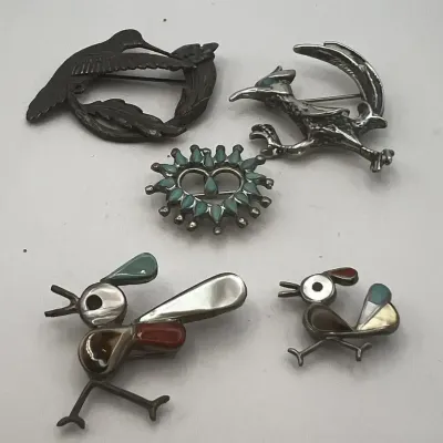 Southwestern Sterling Pin Lot Zuni Inlay Roadrunners Sid Bell Hummingbird Heart