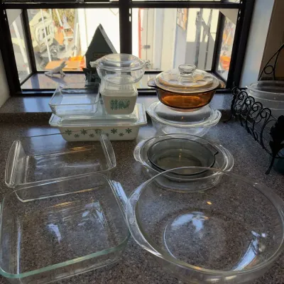 Classic Pyrex Butterprint, Snowflake Oblong, Fire-King Amber Casserole Glass Lot