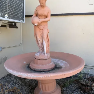 Large Terracotta Tone Garden Fountain with Maiden Statue, Wide Basin, Pedestal