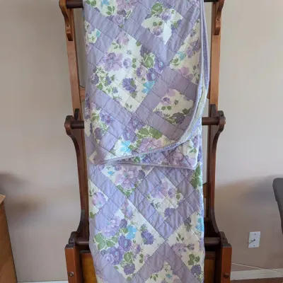 Colorful Handmade Quilt Trio Lavender Floral, Pink Blue Pieced, Tumbling Blocks