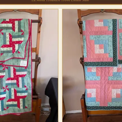 Handmade Patchwork Quilt Pair Spinning Rails Christmas and Pink Log Cabin - STAND NOT INCLUDED